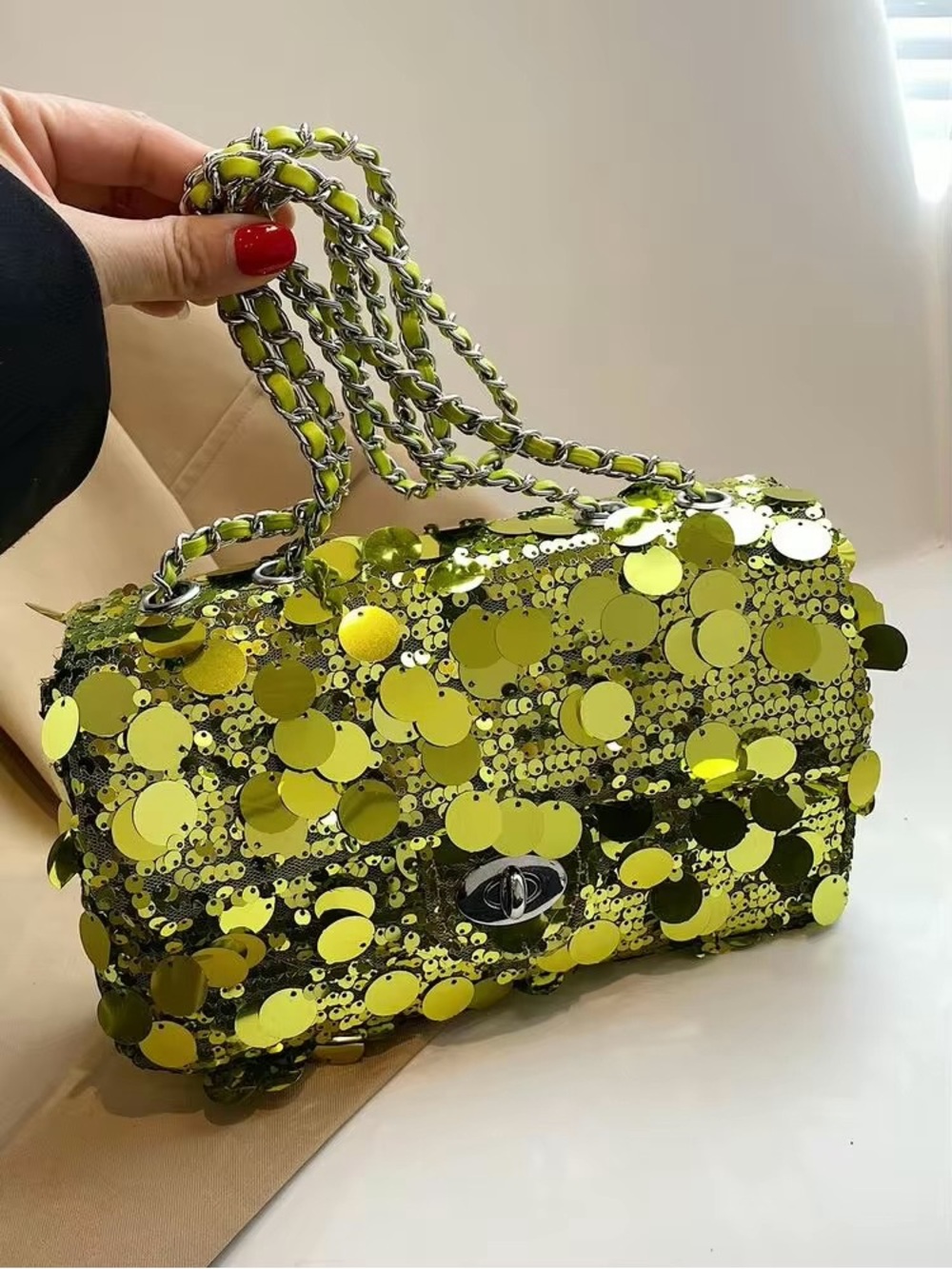 SHEIN Lime Green Sequin Chain Shoulder Bag - Picture 6 of 8